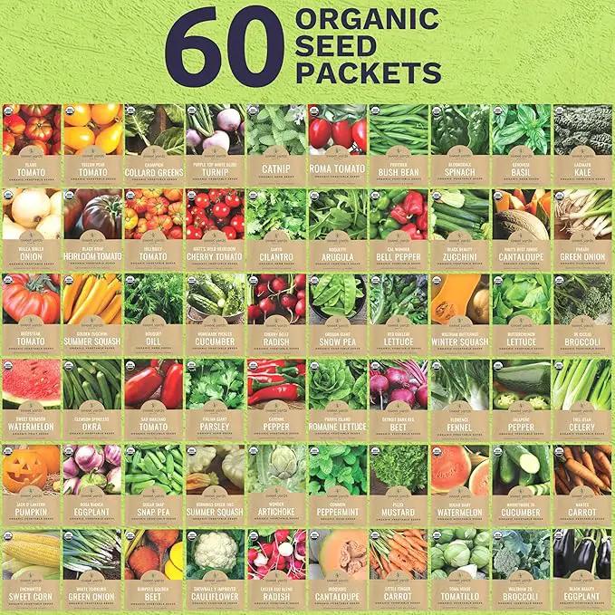 Organic Seeds Ultimate Variety Pack - 60 Individual Packs - 2025 Season - Geonvese Basil, Nantes Carrot, Roquette Arugula and More! for Indoor & Outdoor Planting (Non-GMO, Certified Organic) by GreenHaven Gardens