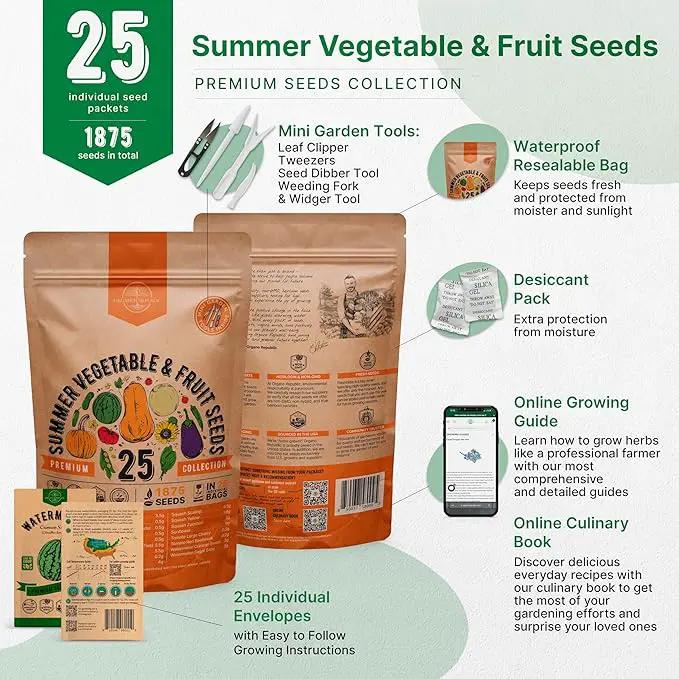 25 Summer Vegetable & Fruit Seeds Variety Pack - 1,870+ Non-GMO Heirloom Veggie & Fruits Seeds for Outdoors and Indoor Home Gardening, Including Collards, Tomato, Pepper, Okra, Onion, Bean, Cucumber by GreenHaven Gardens