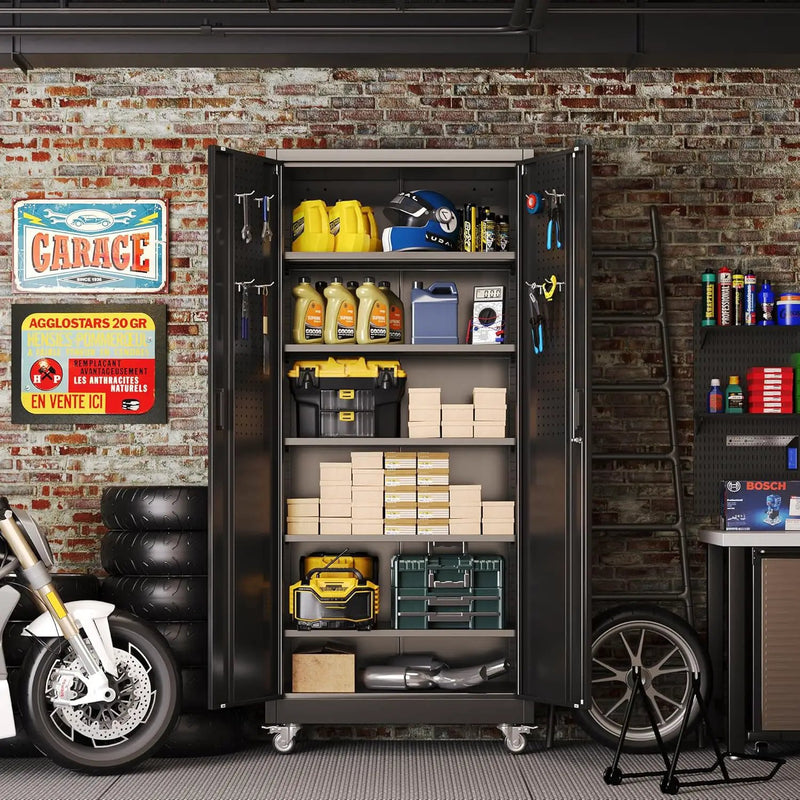 Metal Garage Storage Cabinet with Wheels & Pegboard, Lockable Metal Storage Cabinets with 2 Doors&5 Adjustable Shelves for Garage&Home,Assembly Required,Black 71''H x32''W x16''D by GreenHaven Gardens