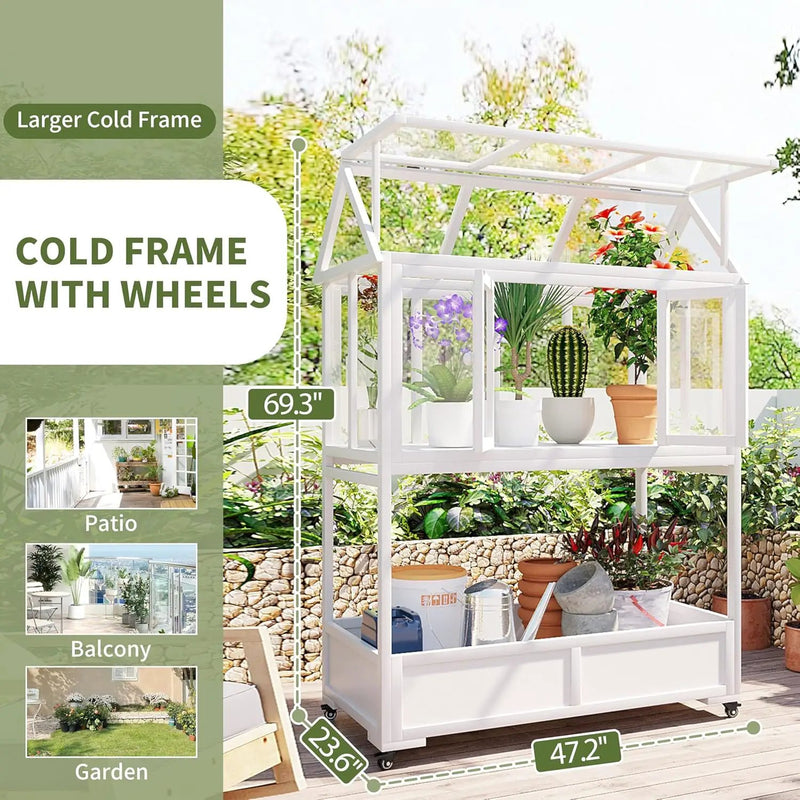 Greenhouse Cold Frames with Wheels - Adjustable Shelves Portable Cold Frame for Balcony/Patio, UV-Resistant Indoor Outdoor Plant Growing Cabinet (Large, Heavy-Duty) (White) by GreenHaven Gardens