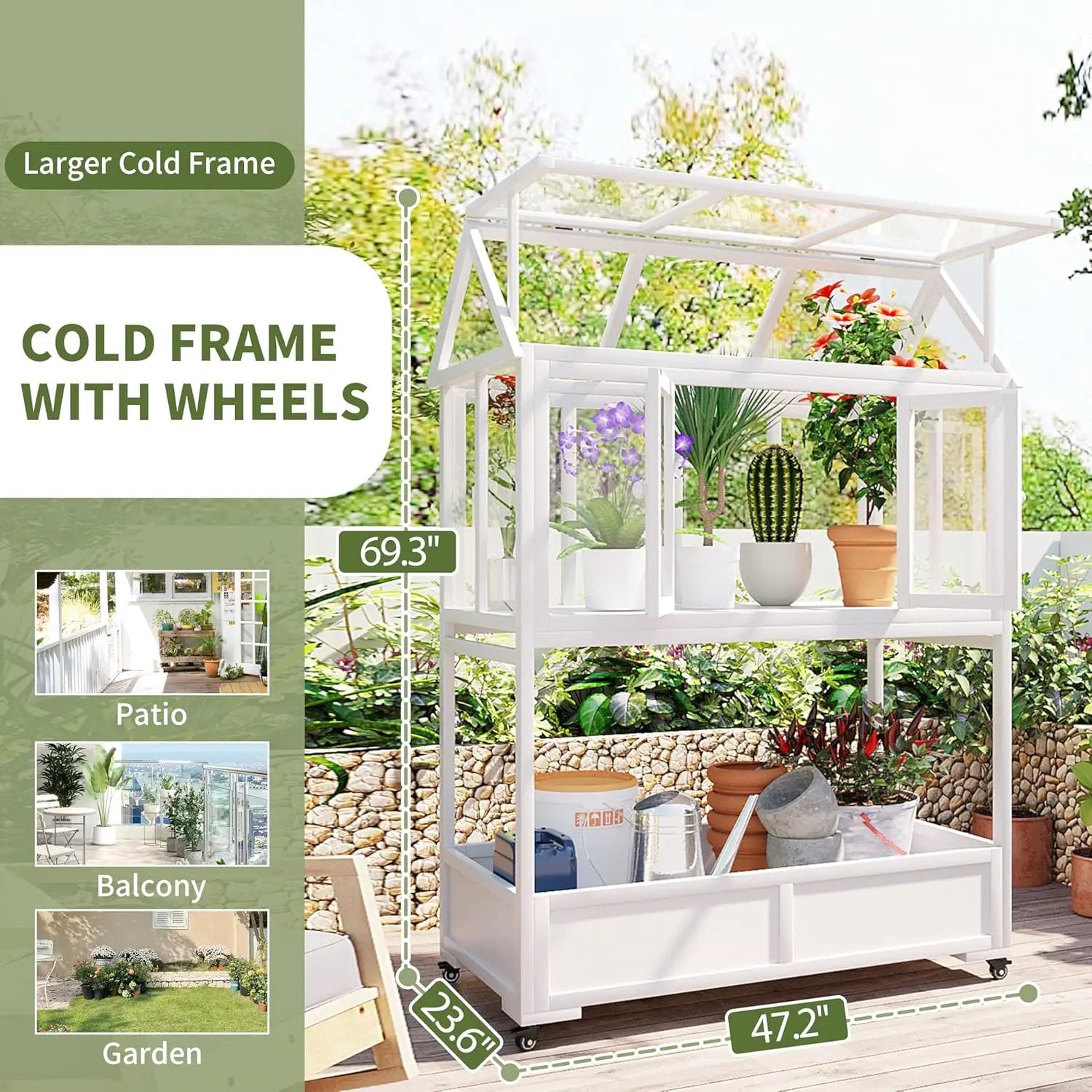Garden Wood Portable Cold Frame - Mini Greenhouse with Wheels, Open Roof & Storage (White + Beige + Beige) by GreenHaven Gardens