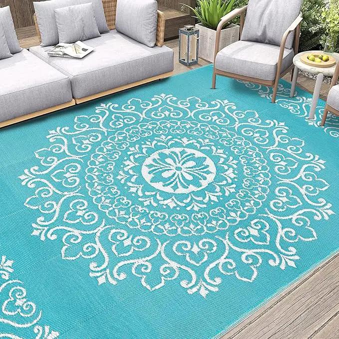 Pauwer Waterproof Outdoor Rug 9x12, Reversible Plastic Straw Patio Camping Rug, Indoor Outdoor RV Mat Carpet for Deck, Camper, Porch, Balcony, Backyard, Picnic, Floral Teal by GreenHaven Gardens