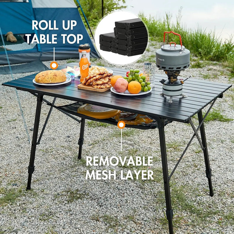PORTAL Camping Table Portable Foldable with Adjustable Legs, Aluminum Folding Table Roll Up Table with Carrying Bag for Outdoor, Beach, Picnic, Backyards, BBQ and Party, Black, Big by GreenHaven Gardens