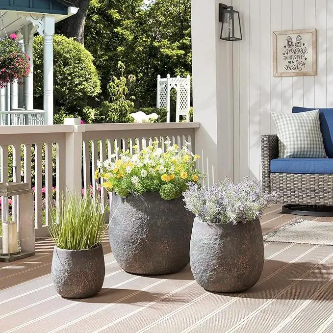 Large Outdoor Planter, 17.32"+12.99"+9.06" Dia Round Weathered Concrete Planter Set of 3, Flower Pots with Drainage Holes, Sealing Plug for Garden, Patio, Home, Office, Greenish Bronze Rust by GreenHaven Gardens