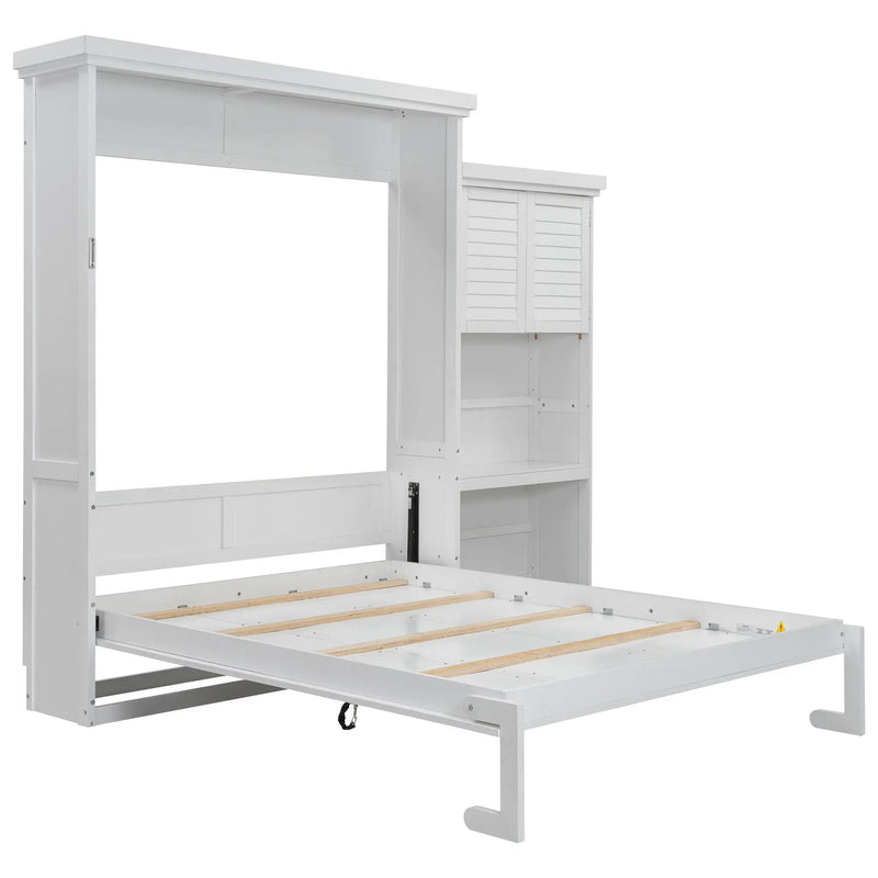 Queen Size Murphy Bed With Louvered Design And Multiple Storage Shelves - White by HouseOfZazla