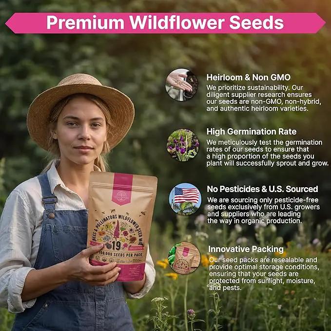 Organo Republic 19 Annual & Perennial Wildflower Seeds Mix for Indoor and Outdoors, Attract Bees & Butterflies. 100,000+ Non-GMO, Heirloom Wildflower Garden Seeds, 4oz Packet for Growing Wild Flowers by GreenHaven Gardens