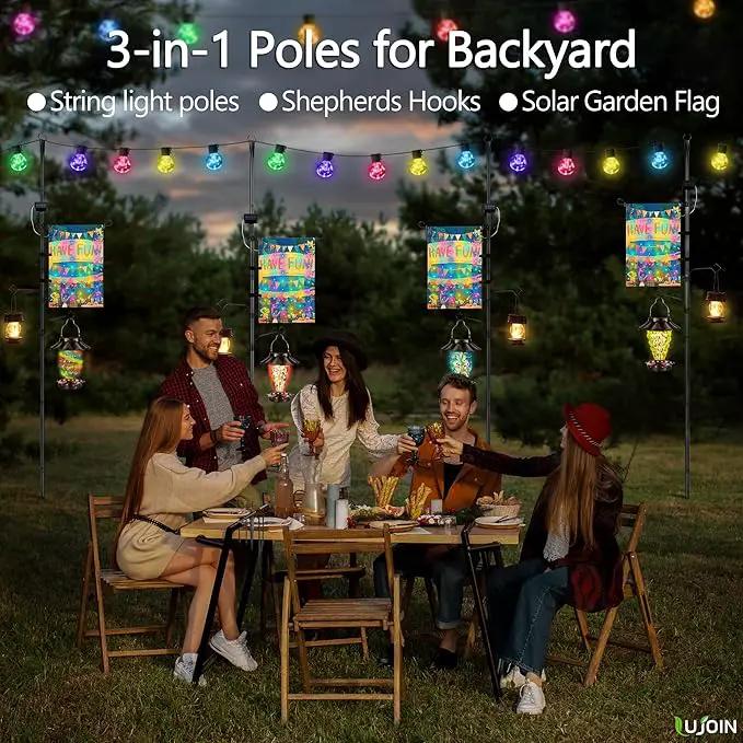 3-in-1 String Light Pole for Outside (2 Pack), Each Pack Includes 2 Hooks, 1 Solar LED Light Board & 1 Party Flag, Heavy Duty Stand for Deck, Patio, Backyard, Wedding by GreenHaven Gardens