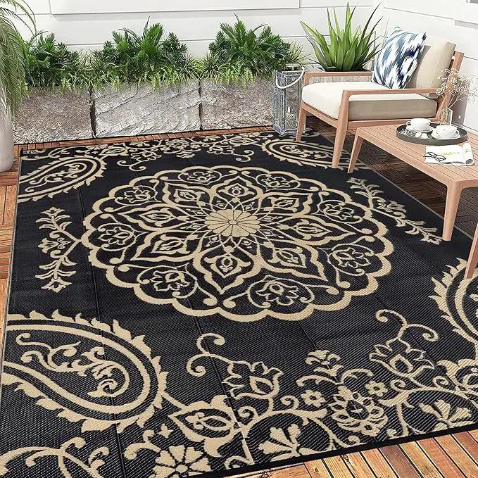 Pauwer Waterproof Outdoor Rug 8x10, Reversible Plastic Straw Patio Camping Rug, Indoor Outdoor RV Mat Carpet for Deck, Camper, Porch, Balcony, Backyard, Picnic, Boho Black Brown by GreenHaven Gardens