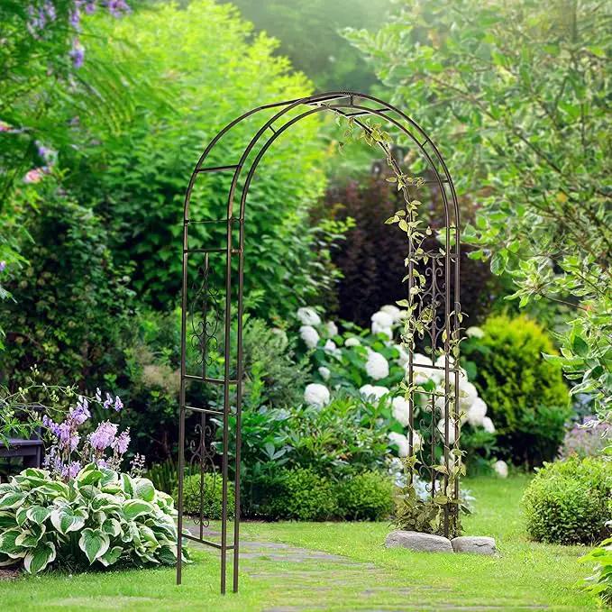 Evergreen Plow & Hearth Montebello-Gunmetal Garden Arbor - 7 Feet Tall | Slim Metal Arch with Iron Trellis for Climbing Plants | Elegant Wedding Arbor | Outdoor Patio & Garden Decor by GreenHaven Gardens