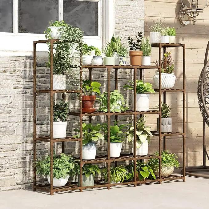 Bamworld Large Plant Stand Indoor Plant Shelf Outdoor Tall Wood Plant Holder for Living Room Multiple Plants Patio Balcony Garden 17 Pots by GreenHaven Gardens