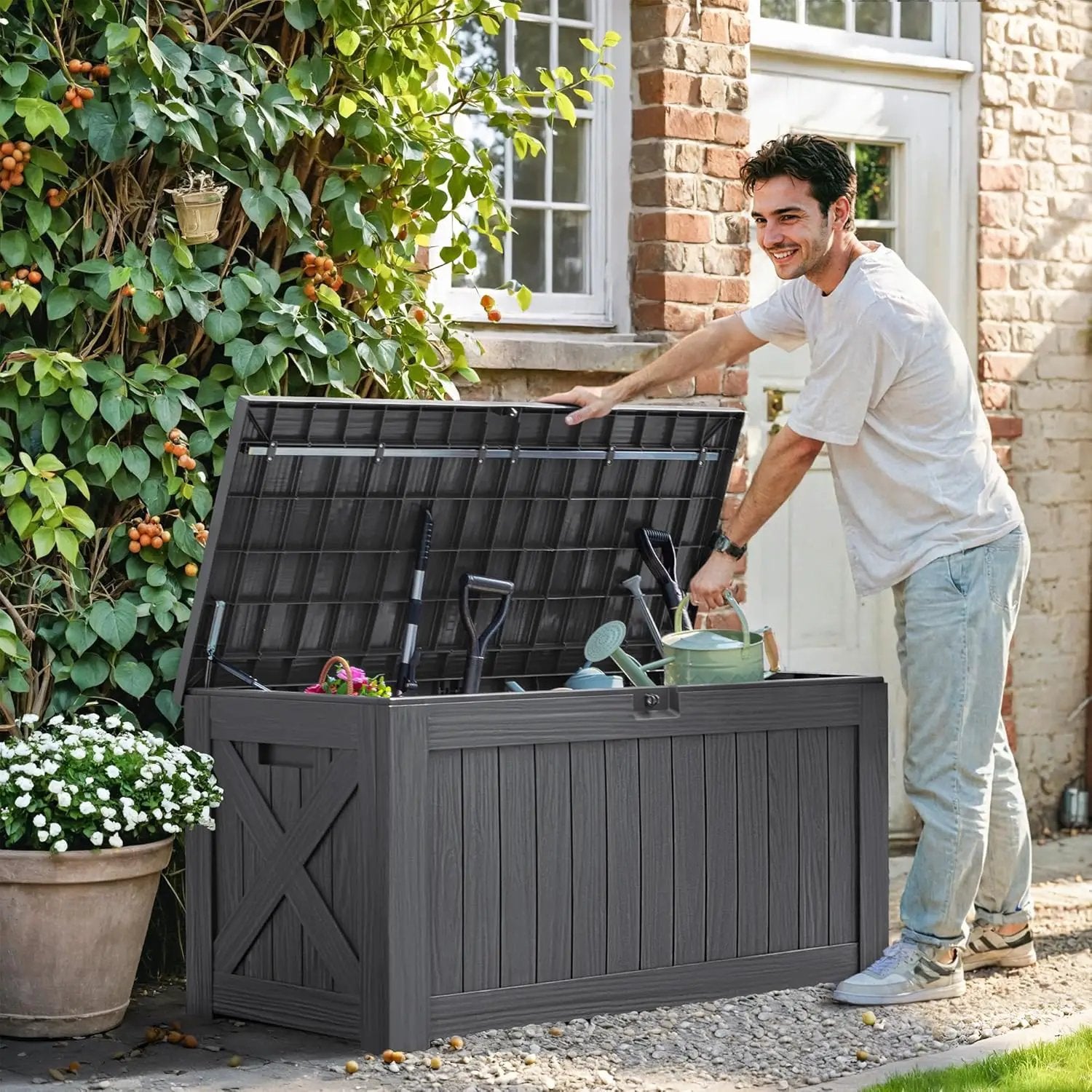Greesum 120 Gallon Deck Box, Resin Outdoor Storage Container for Patio Furniture, Garden Tools, Pool Accessories, Weatherproof, Lockable, Gray by GreenHaven Gardens