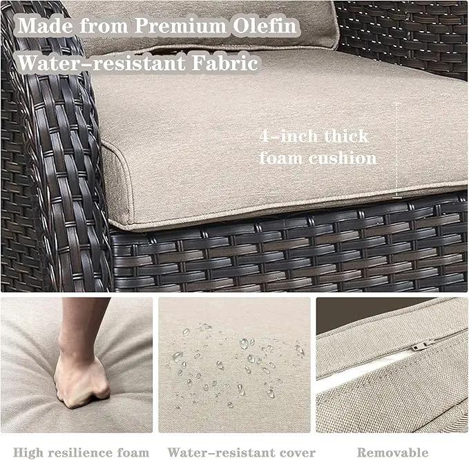 5 Piece Outdoor Patio Furniture Set - Outdoor Conversation Couch and Loveseat Glider Chair Furniture Set with Rattan Coffee Table for Deck Balcony Poolside Brown Wicker/Beige Cushions by GreenHaven Gardens