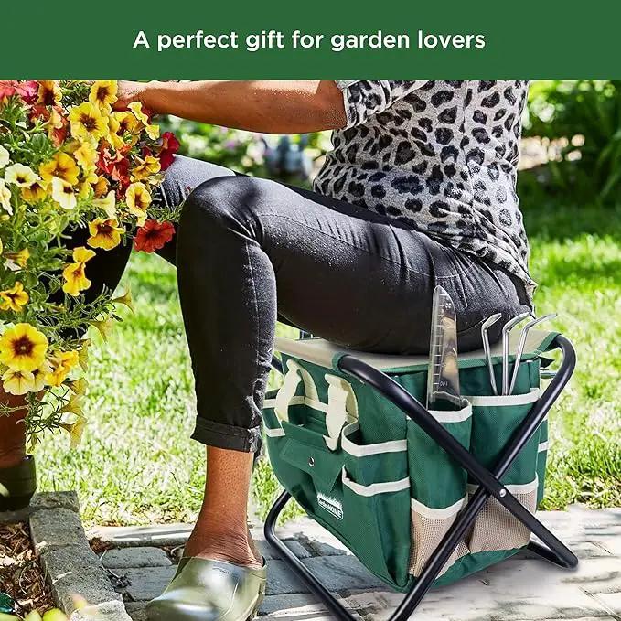 Gardening Tool Set, Stainless Steel 7-Piece Gardening Tools with Heavy-Duty Folding Stool and Detachable Canvas Tote Bag, Green and White, Ideal Gardening Gifts for Women and Men by GreenHaven Gardens