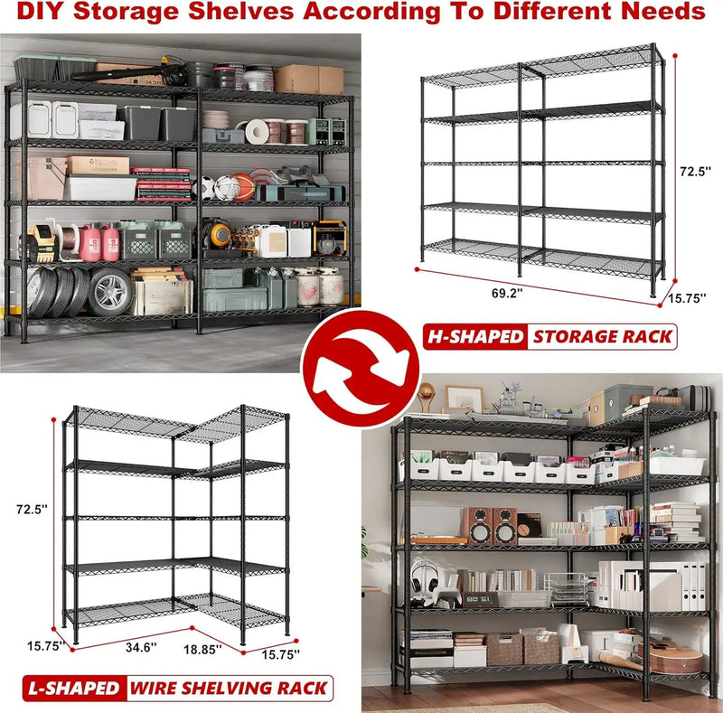 REIBII 70" W Storage Shelves Heavy Duty Load 1600LBS, Metal Shelving 5-Tier Wire Shelving Unit Metal Shelves for Storage Adjustable Shelving Rack for Pantry Kitchen 70" W*15.8" D*72.4" H, 2 Pack by GreenHaven Gardens