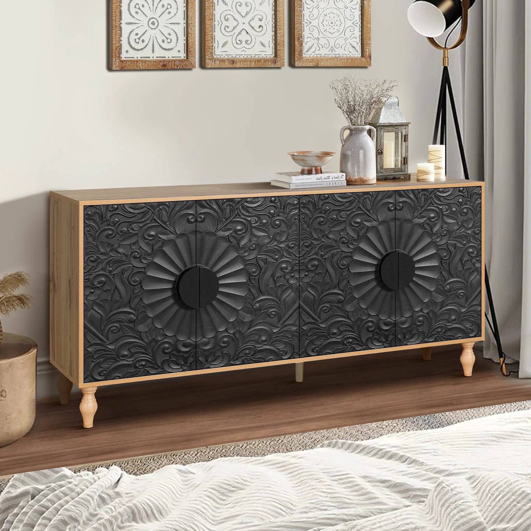 Black Carved Symmetrical Design Door And Wood Coloured Frame TV Stand by HouseOfZazla