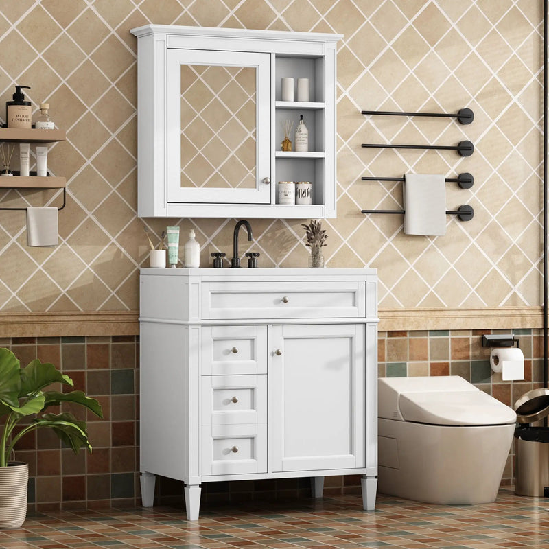 Bathroom Vanity With Medicine Cabinet, Royal Mirror Cabinet, Modern Bathroom Storage Cabinet With 2 Soft Closing Doors And 4 Drawers by HouseOfZazla