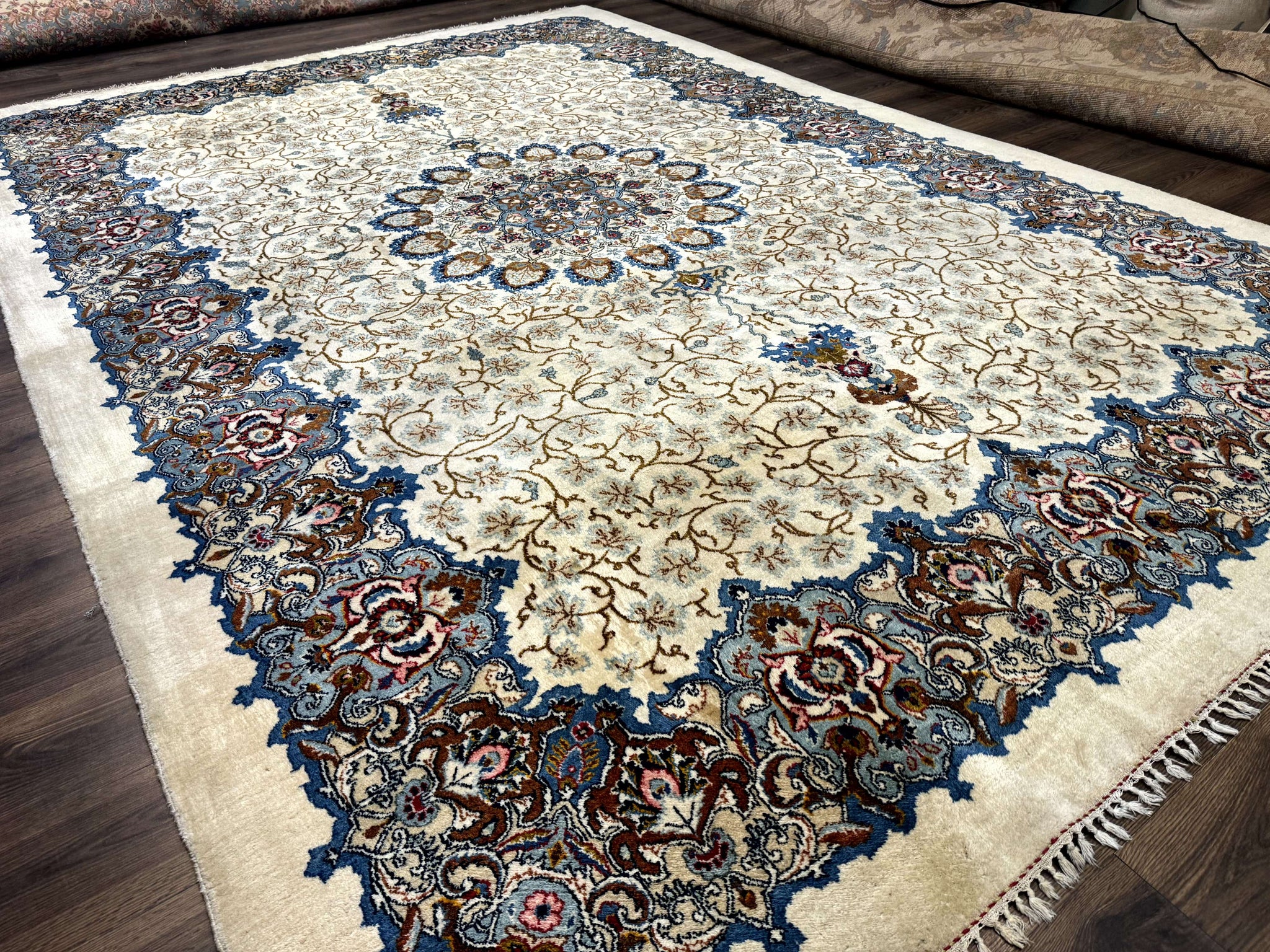 Persian Kashan Rug 9 x 12.6, Ivory and Blue, Floral Medallion, Wool Hand Knotted Semi Antique Carpet by Jewel Rugs