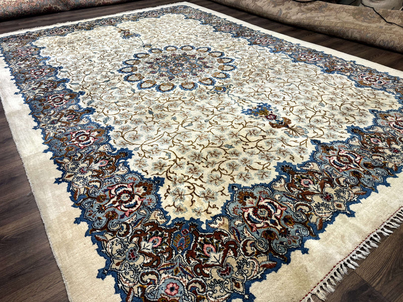 Persian Kashan Rug 9 x 12.6, Ivory and Blue, Floral Medallion, Wool Hand Knotted Semi Antique Carpet by Jewel Rugs