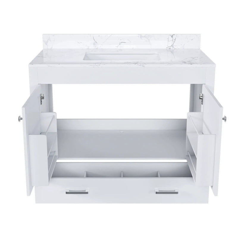 43" Bathroom Vanity With Artificial Marble Carrara Top Set, Multi Functional Cabinet With Doors And Drawer - White
