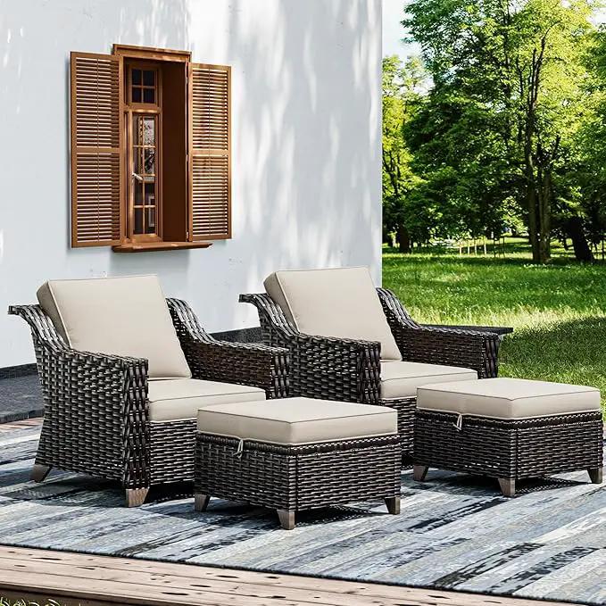 Joyside Wicker Patio Furniture Sets, 4 Pieces Upgraded Large Size Outdoor Furniture with Patio Dining Chairs and Outdoor Ottoman, Thick Cushions, Wide Armrest by GreenHaven Gardens