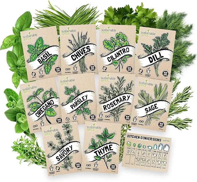 Culinary Herb Seeds Variety Pack: 10 Spice Herbs, Hydroponic Garden Indoors, Heirloom Planting Basil, Parsley, Sage, Thyme, Rosemary, Cilantro, Chives Dill Oregano, Summer Savory by Sustainable Sprout by GreenHaven Gardens