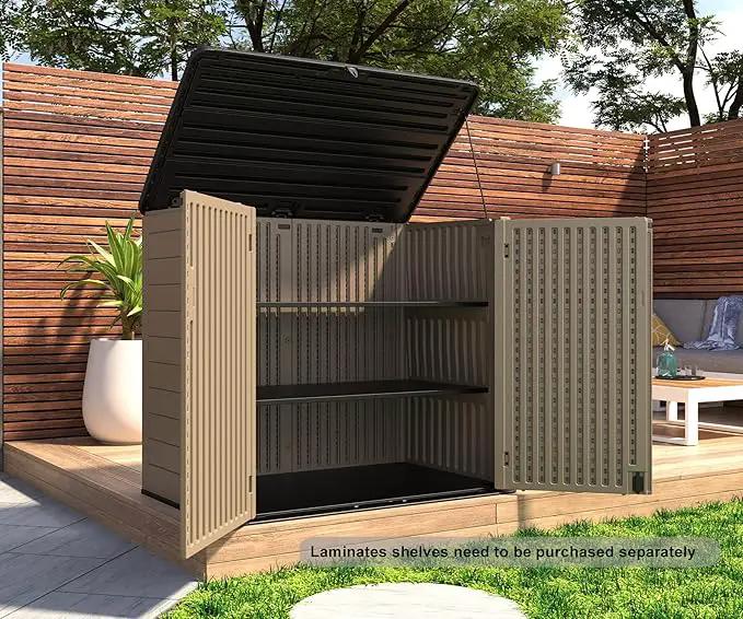 HOMSPARK Storage Shed Weather Resistance, Multi-Purpose Outdoor Storage Cabinet for Backyards and Patios, Horizontal Storage Shed for Lawnmower, Patio Accessories (Coffee, X Large - 48 cu.ft) by GreenHaven Gardens