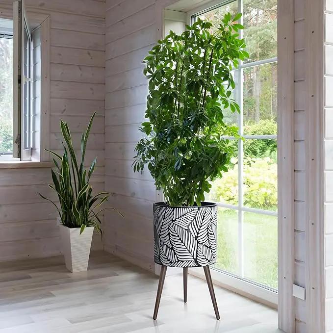 D'vine Dev 16 Inch Planter Pot with Stand, Mid-Century Tall Plant Pot with Legs for Indoor Plants, XX-Large, White/Grey, 88-L-E-7 by GreenHaven Gardens