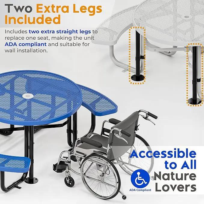 Metal Picnic Tables for Outdoors with Umbrella Hole - Coated Steel Heavy Duty Commercial Grade Table with Adjustable Seats (Blue, 46 in, Round, Punched Steel) by GreenHaven Gardens