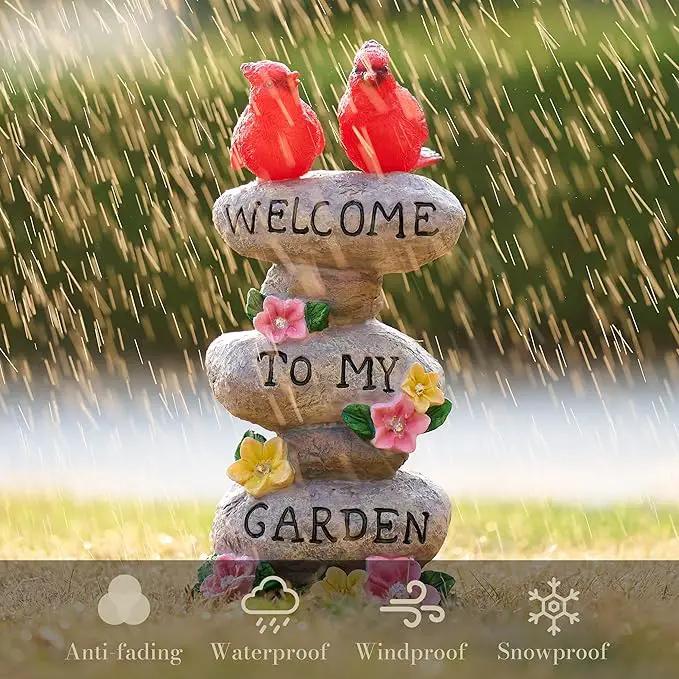 TERESA'S COLLECTIONS Garden Statues with Outdoor Solar Lights for Garden Decor, Cardinal Birds Welcome Yard Sign Rocks & Flower Resin Valentines Decorations, Gifts for Mom Yard Decor, 11" by GreenHaven Gardens