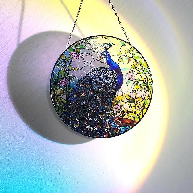 7.8'' Peacock Decor Suncatcher Stained Glass - Originally Designed Peacock Suncatchers for Sun Catchers Indoor Window | Gifts for Peacock Lovers Painted Glass Panel Decor Themed Gift by GreenHaven Gardens