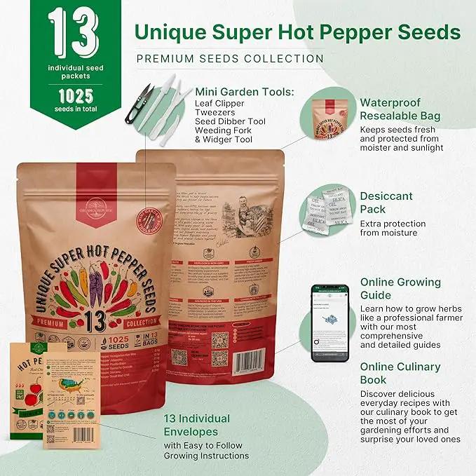 Organo Republic 13 Unique Super Hot Pepper Seeds Variety Pack - 1,020+ Non-GMO Heirloom Pepper Seeds for Outdoor and Indoor Home Gardening, Including Pepper Caloro, Firecracker, Habanero, Fresno Chili by GreenHaven Gardens