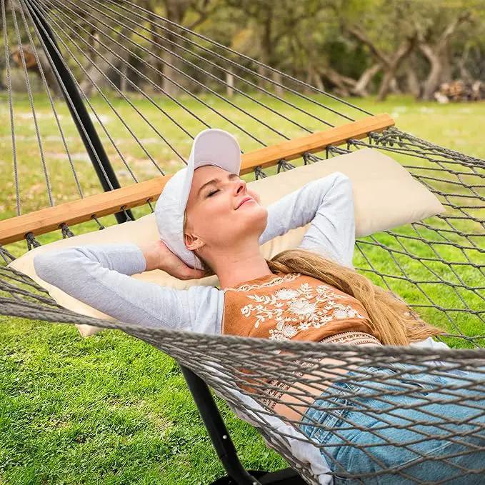 SUNCREAT Rope Hammock with Stand Included, Portable Double Hammock with Soft Pillow, Gray by GreenHaven Gardens