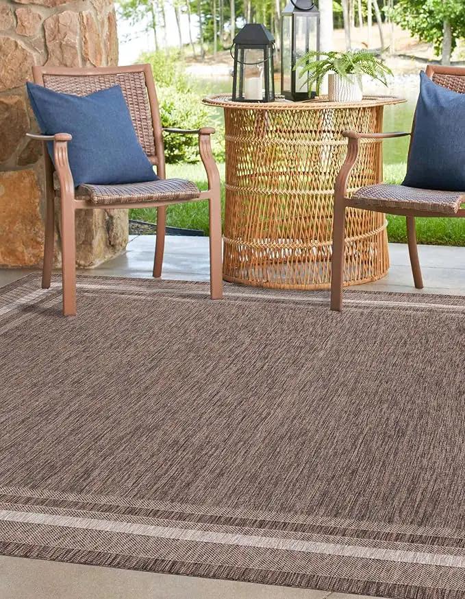 Unique Loom Outdoor Border Collection Area Rug - Soft Border (10' Square Brown/Ivory) by GreenHaven Gardens
