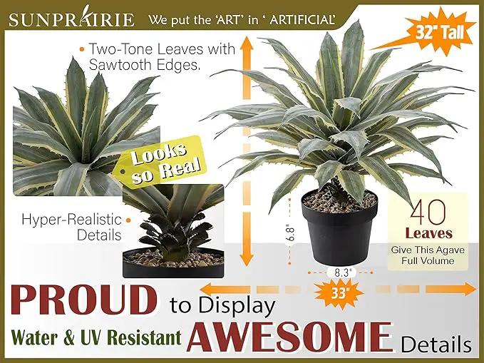 SUNPRAIRIE 32 Inch Tall Large Faux Agave Plant with Two-Tone Sawtooth Edged Leaves; Planted in Black Pot with Real Stone Pebbles. Large Artificial Plants Indoor and Outdoor. by GreenHaven Gardens