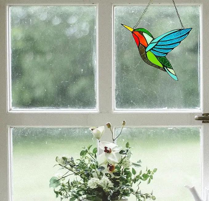 Hummingbird Stained Glass Window Hangings, Birds Stained Glass Decorations,Bird Suncatcher for Window Decor Hummingbird Gifts for Mom,Bird Lovers by GreenHaven Gardens
