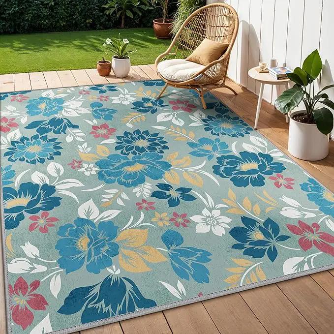 GENIMO Indoor Outdoor Area Rug 6' X 9' Waterproof, Washable Patio Rug Non Shedding, Easy Cleaning Floral Outdoor Carpet for Living Room, Bedroom, Dining Room, Balcony, Backyard, Deck, RV, Blue Grey by GreenHaven Gardens