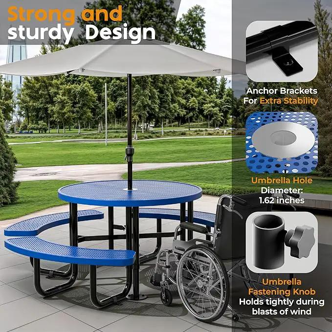 Metal Picnic Tables for Outdoors with Umbrella Hole - Coated Steel Heavy Duty Commercial Grade Table with Adjustable Seats (Blue, 46 in, Round, Punched Steel) by GreenHaven Gardens