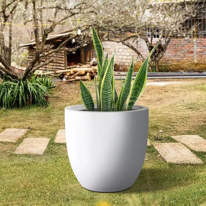 Kante 18 Inch Dia Round Concrete Planter, Indoor Outdoor Large Plant Pot with Drainage Hole and Rubber Plug for Home Patio Garden, Pure White by GreenHaven Gardens