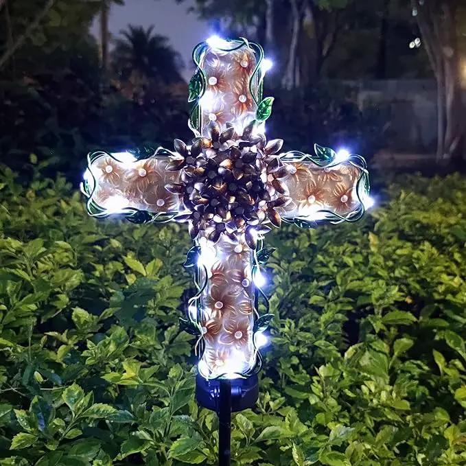 38inch Solar Cross Garden Lights Outdoor Decorative - Solar Metal&Glass Cross Apricot Hydrangea Flower Stake Lights- Waterproof 20 White LED for Remembrance Gifts & Sympathy Gifts by GreenHaven Gardens