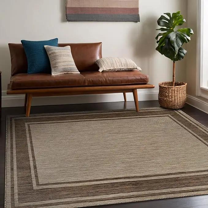Beverly Rug Outdoor Rug 6x9 Modern Bordered Area Rugs for Indoor and Outdoor Patio Deck Porch Garden Waterproof Weather Sun Resistant Washable Outside Carpet (6 x 9 Jute) by GreenHaven Gardens