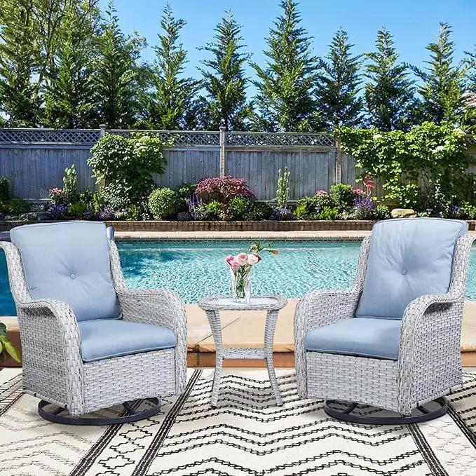 Outdoor Patio Swivel Rocker Chairs - 3 Piece Patio Bistro Set,Wicker Patio Furniture Set with 2 Swivel Rocking Chairs and 1 Glass Top Side Table for Deck Porch Garden,Light Grey/SkyBlue by GreenHaven Gardens