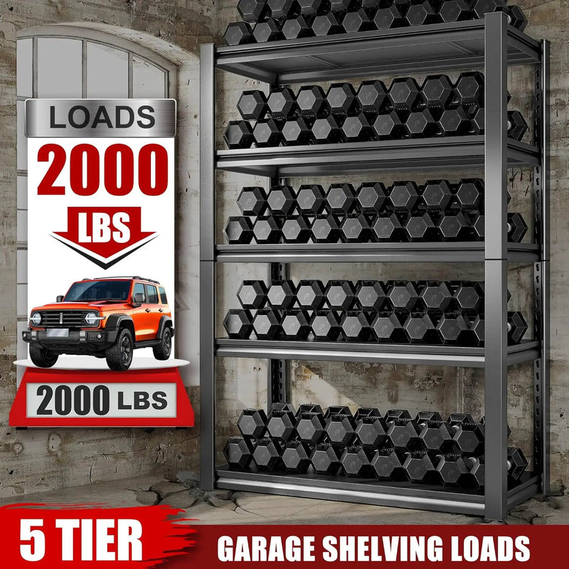 Raybee Storage Shelves 2000LBS Garage Shelving Heavy Duty, 5-Tier Adjustable Garage Shelves, Metal Shelving for Garage, Basement, Warehouse, Pantry, 72" H x 31.5" W x 16.5" D, Black by GreenHaven Gardens