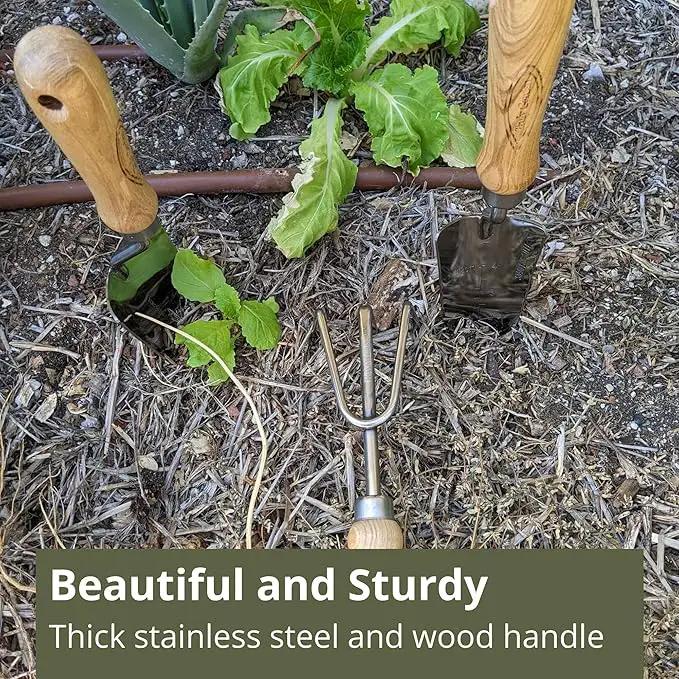 Classic 3-Piece Garden Tool Set - Durable Stainless Steel with Wood Handles. Trowel, Rake & Transplanter for Easy Digging, Weeding & Planting - by Truly Garden by GreenHaven Gardens