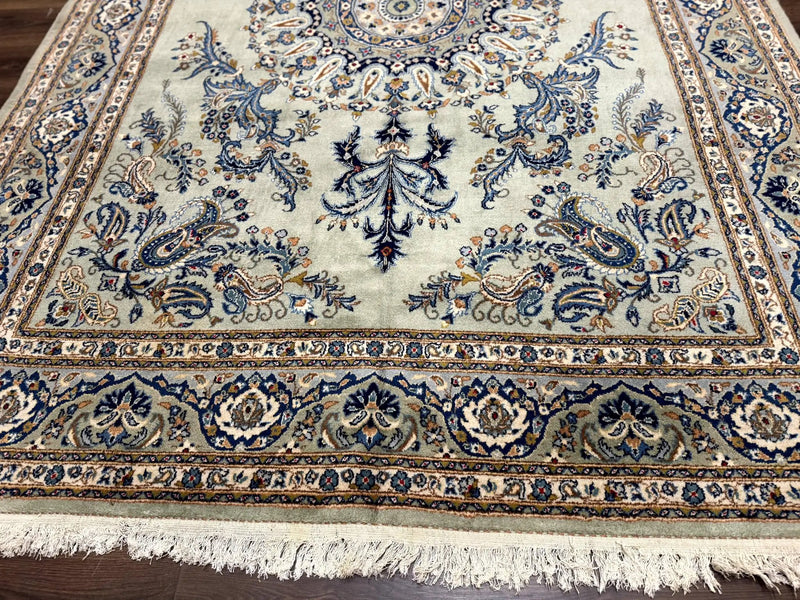 Light Green and Blue Persian Kashan Rug 7x10, Authentic Persian Carpet, Handmade, Wool by Jewel Rugs