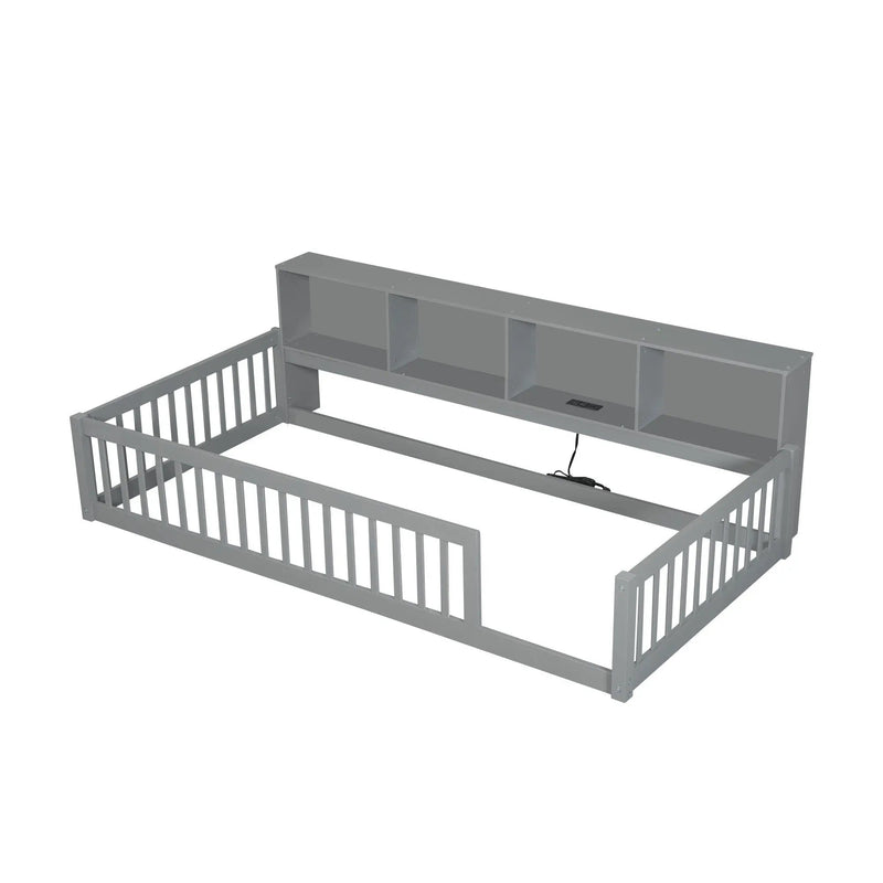 Twin Long Floor Bed With Storage Cabinets And USB Ports - Gray by Unique Piece Furniture