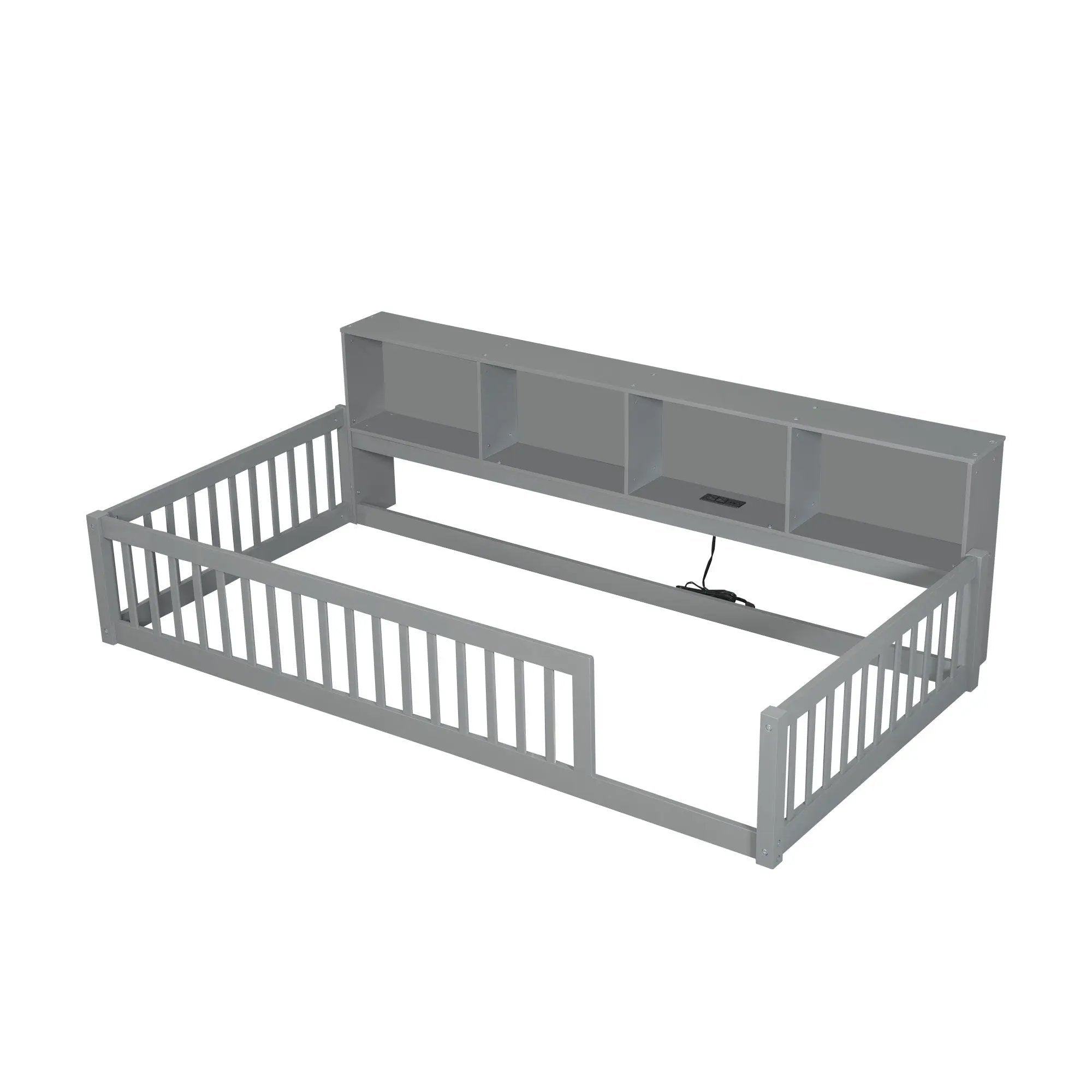 Twin Long Floor Bed With Storage Cabinets And USB Ports - Gray by HouseOfZazla
