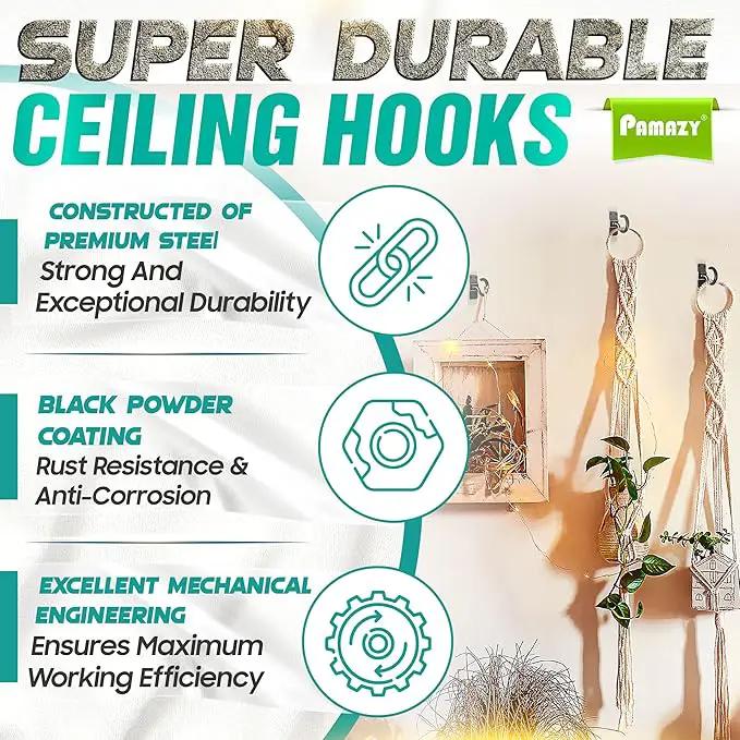 [Upgraded] 8Pcs 200LBS Rotatable Ceiling Hooks with 4 Screw Points Plate Base, Black Wall Mount Metal Hanger for Hanging Plants, Bird Feeders, Lanterns, Lights, Wind Chimes, Indoor Outdoor Decor by GreenHaven Gardens