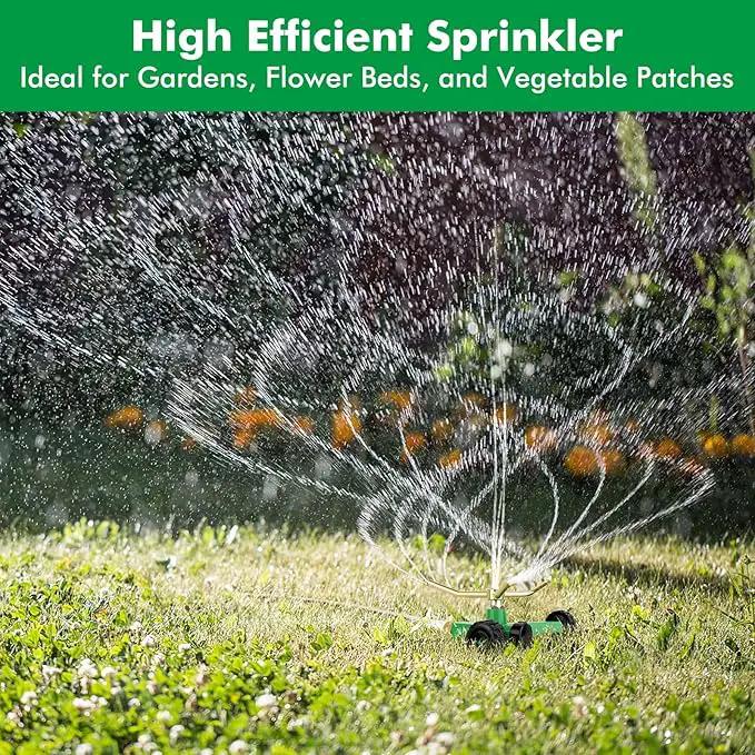 [2 Pack] RESTMO 3-Arm Metal Sprinkler with Wheel Base, 360 Degree Automatic Rotary Lawn Sprinkler System for Garden Plant, Flower Bed and Yard Watering and Large Yard Area Watering by GreenHaven Gardens