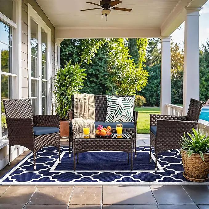 GENIMO 9' x 12' Outdoor Rug Waterproof for Patio Decor, Foldable Reversible Plastic Straw Area Rugs Mat for Camper, Outside Carpet for Rv, Deck, Porch, Picnic, Beach, Balcony, Blue & White by GreenHaven Gardens