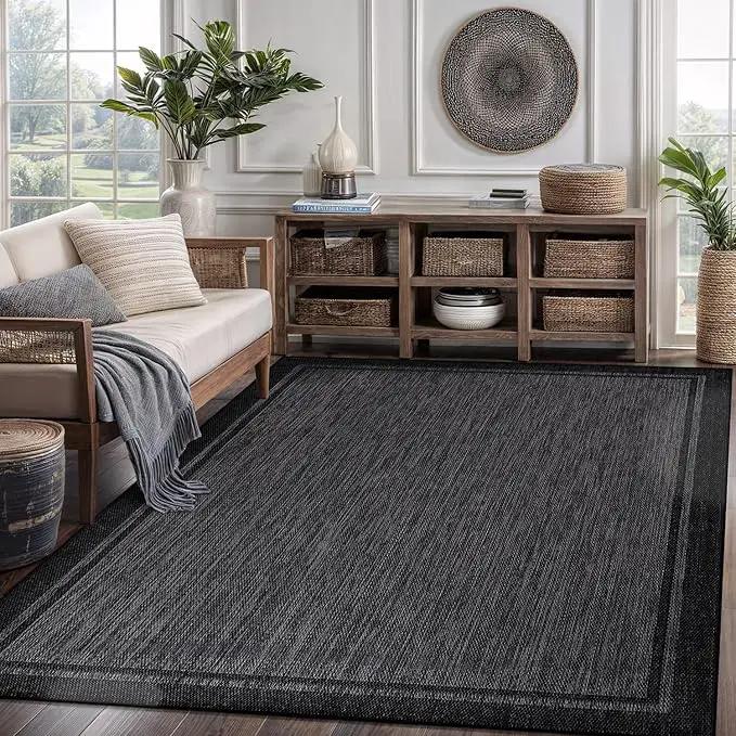 CAMILSON Indoor Outdoor Rug, 5x7 Bordered Dark Grey Black Modern Area Rugs for Indoor and Outdoor Patios, Kitchen and Hallway Mats, Washable Porch Deck Outside Carpet (Bordered Black, 5 x 7) by GreenHaven Gardens